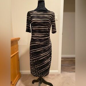 Anne Klein Black and White Ruched Wrap Midi Dress